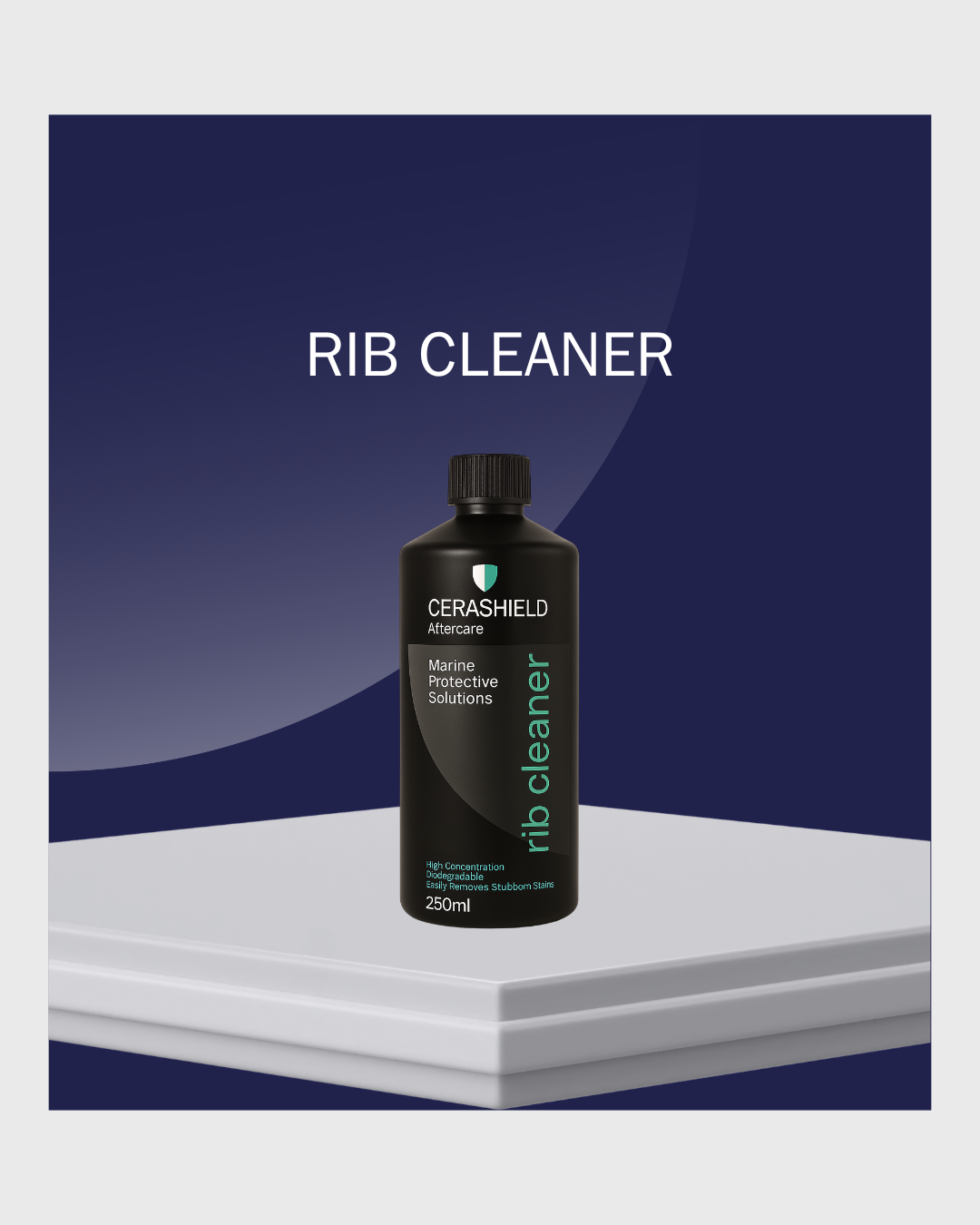 Cerashield rib cleaner bottle on a white platform with a blue gradient background