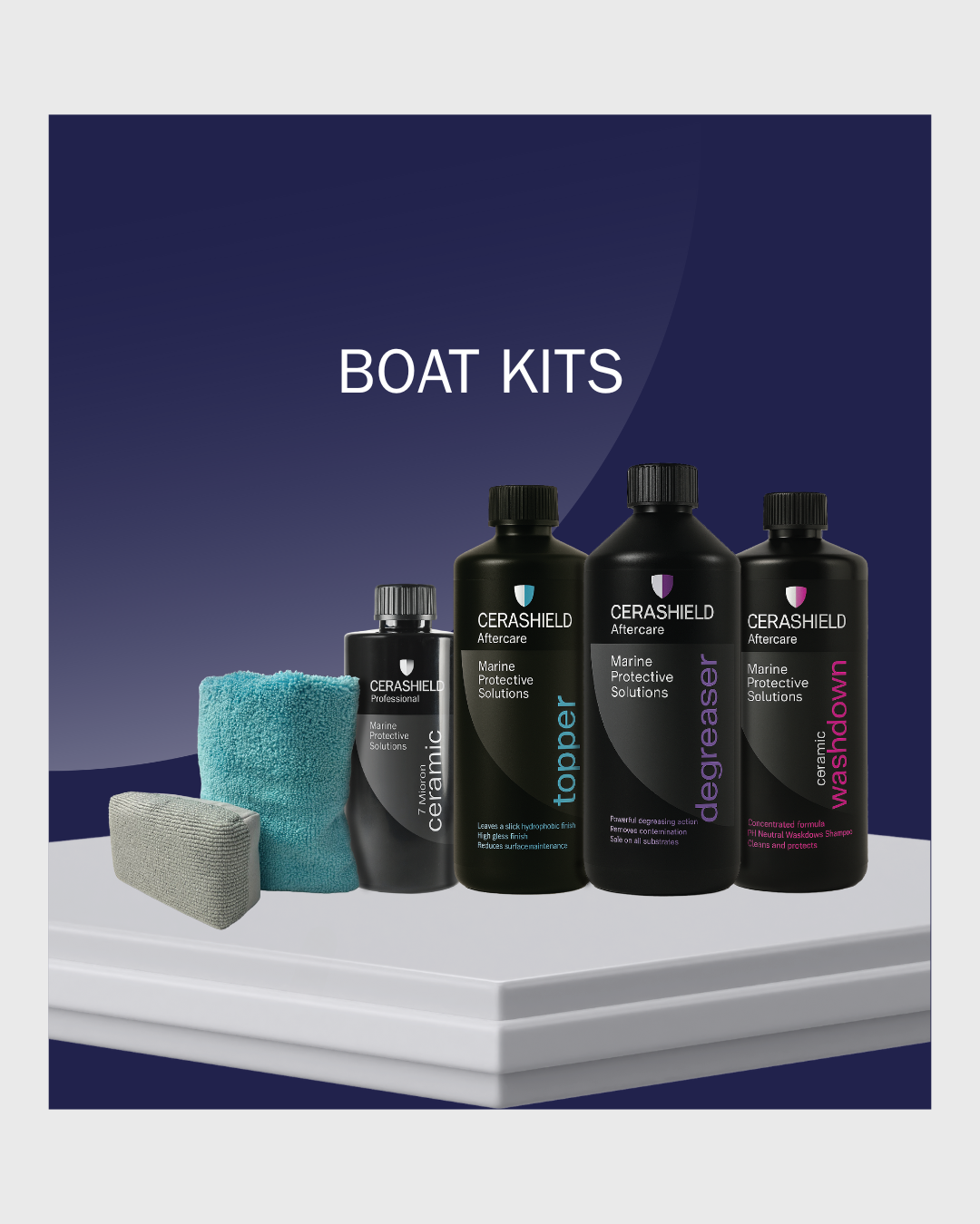 Cerashield boat care products on a white platform with a blue gradient background